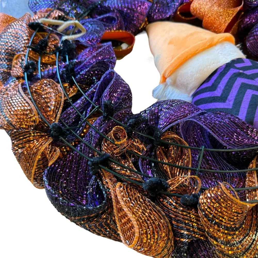 Halloween Mesh Wreath with Gnomes – Purple, Orange & Black Ribbon – 22″
